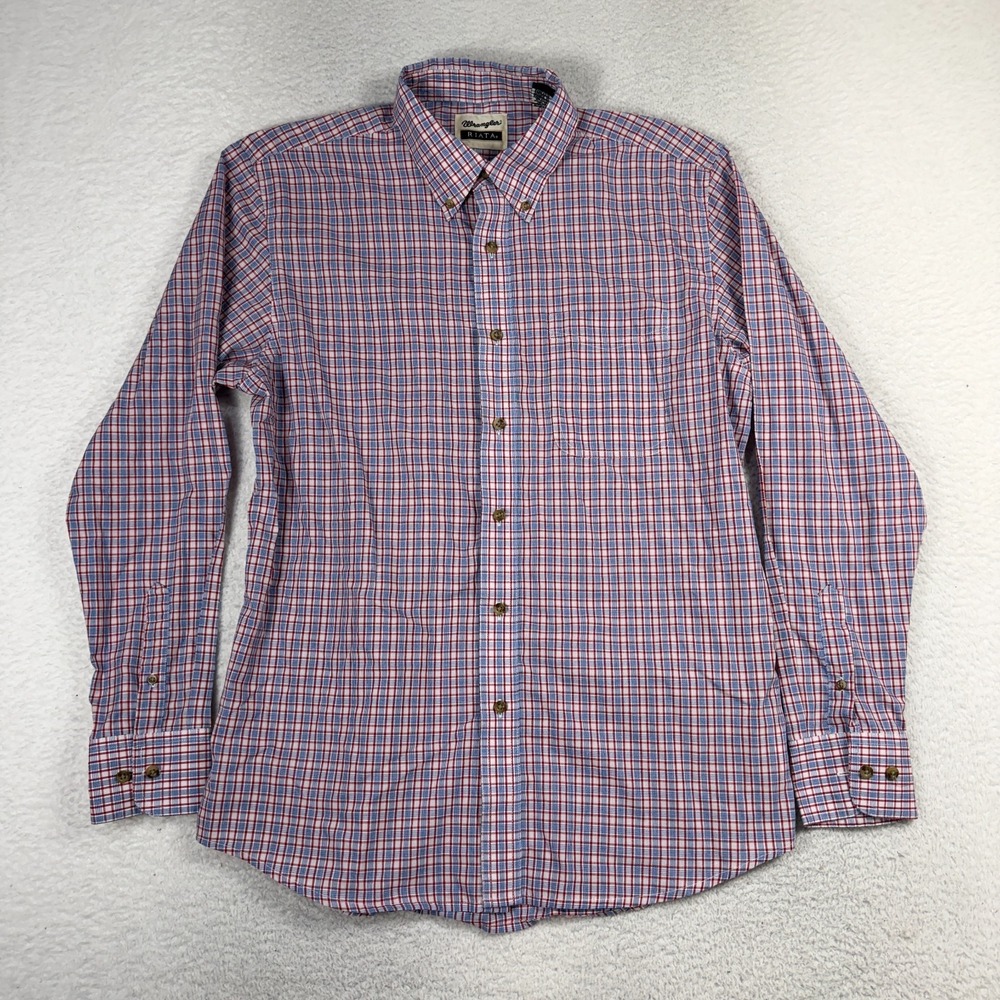 Wrangler Riata Long Sleeve Button Up Shirt Large Western Cowboy Blue Red Plaid